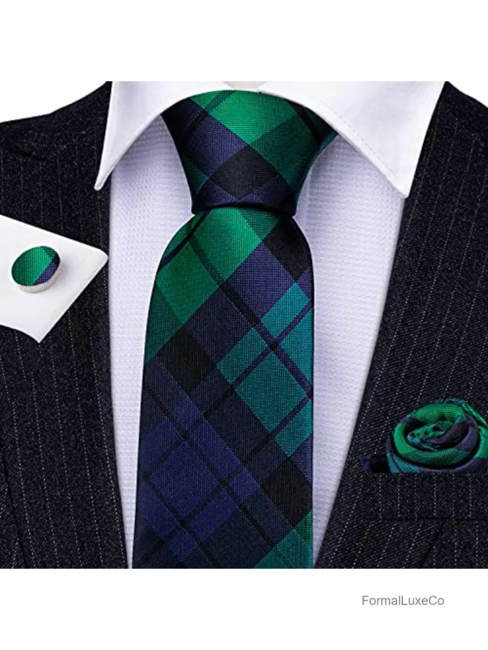 Luxury Silk Tie Set with Handkerchief & Stainless Steel Cuff Links, Plaid